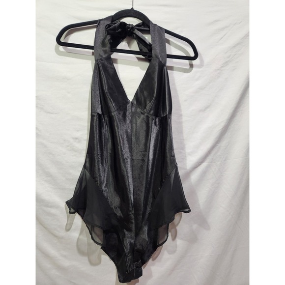 unknown Other - Vintage 1990s Black Halter Teddy Lingerie Highcut W Lace And Tieback